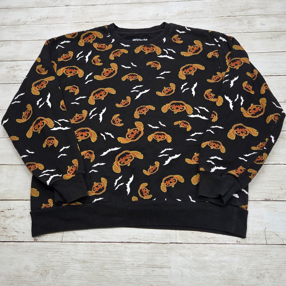 Disney Stitch Halloween Sweatshirt Juniors L(11-13) Black Jack-O-Lantern Bats